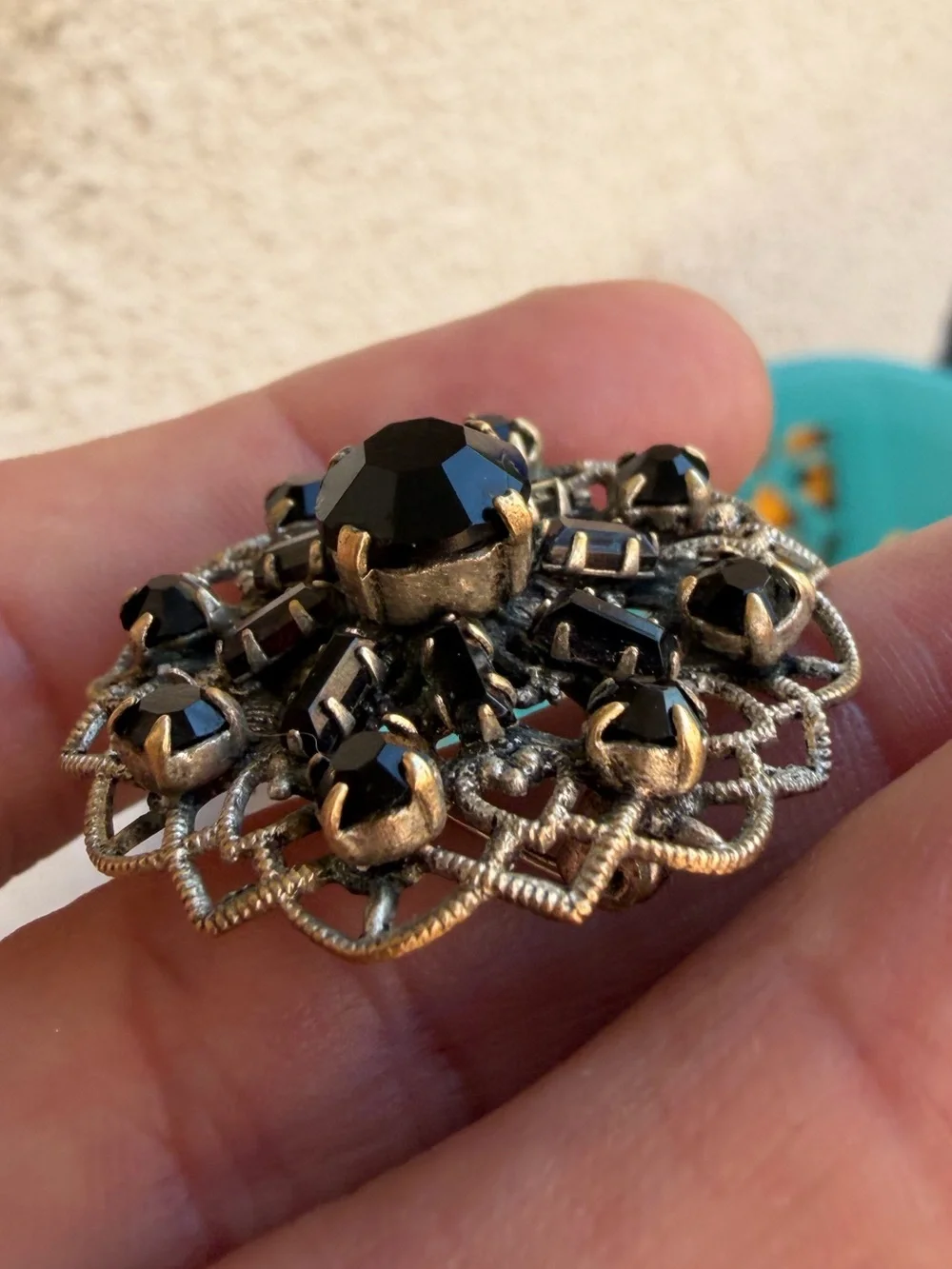 Vintage Silver Tone Czechoslovakia Ornate Black Crystal Filigree Brooch